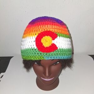 Colorful Crochet Beanie with Red C Logo